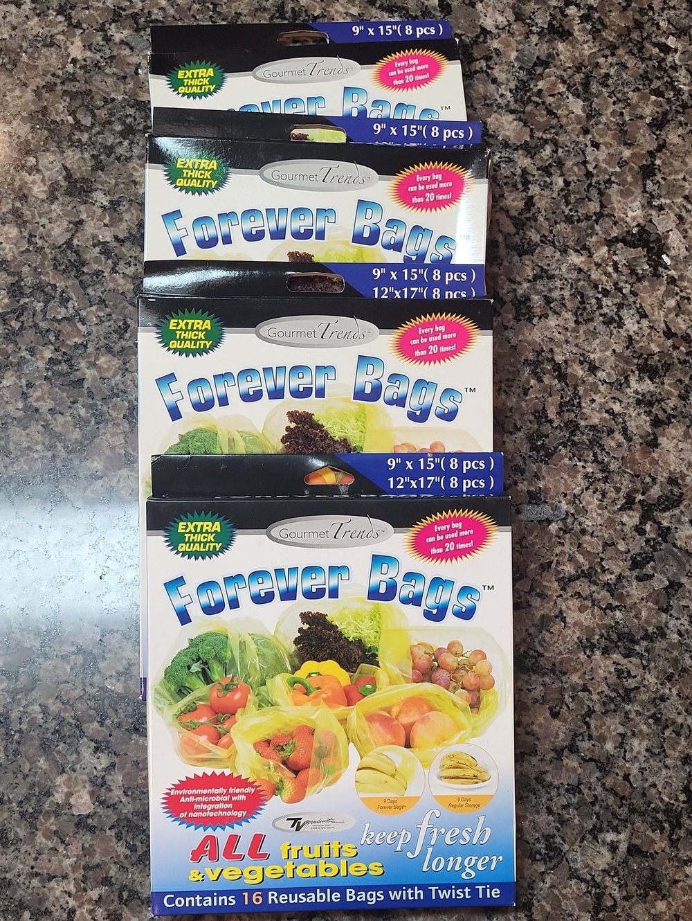 Lot of 4 Gourmet Trends Forever Bags Fruits & Vegetables Reusable each 16 count